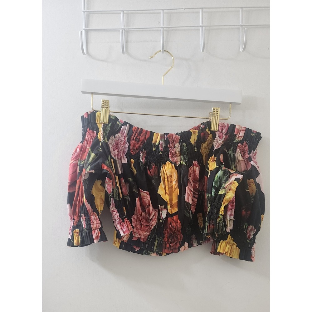Dolce & Gabbana Floral Rose Smocked Off Shoulder Crop Top Black IT 44 F71W9T